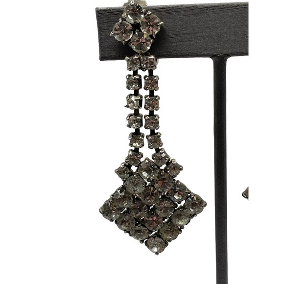 VTG  Mid Century Clear Rhinestone Dangle Drop Clip On Earrings Wedding Prom Read - Picture 4 of 10